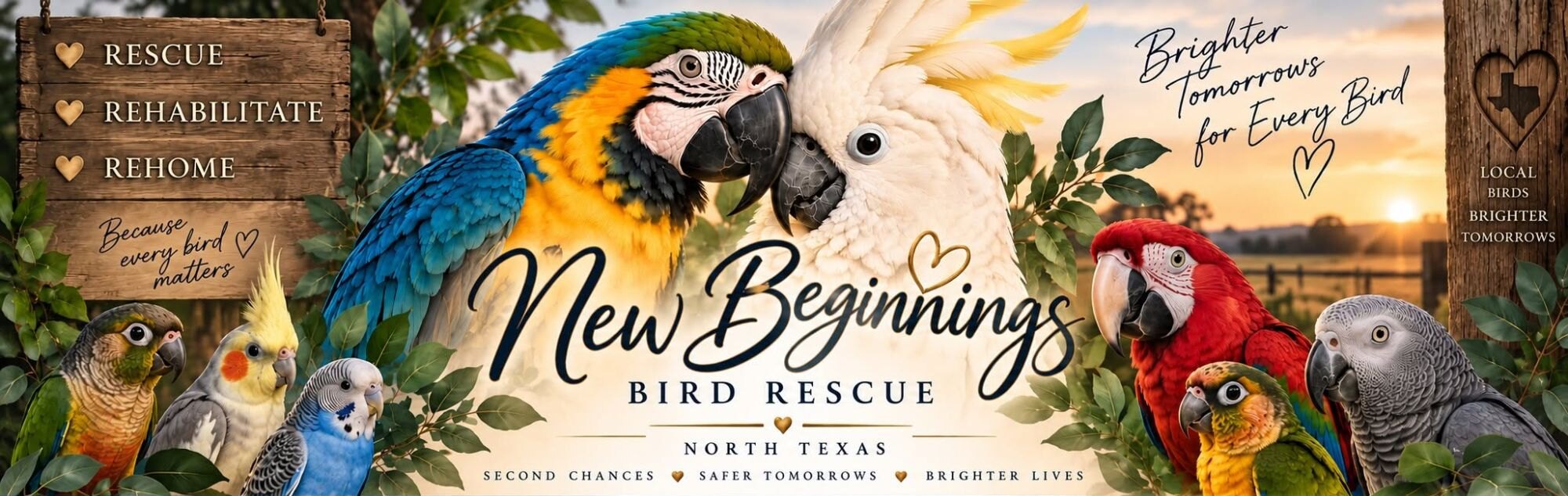A blue-and-gold macaw and a white cockatoo touching beaks at sunset, surrounded by a conure, cockatiel, budgie, scarlet macaw and African grey. Text reads: New Beginnings Bird Rescue, North Texas. Second chances, safer tomorrows, brighter lives.