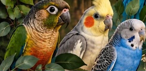A green-cheeked conure, a cockatiel and a blue budgie